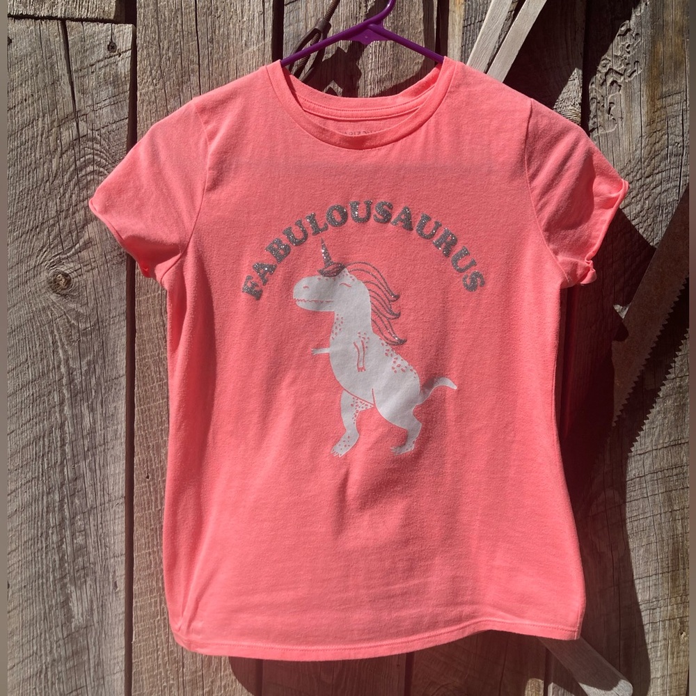 Peachy glitter fabulosaurous girls tee by Arizona Jean Company, size 14.